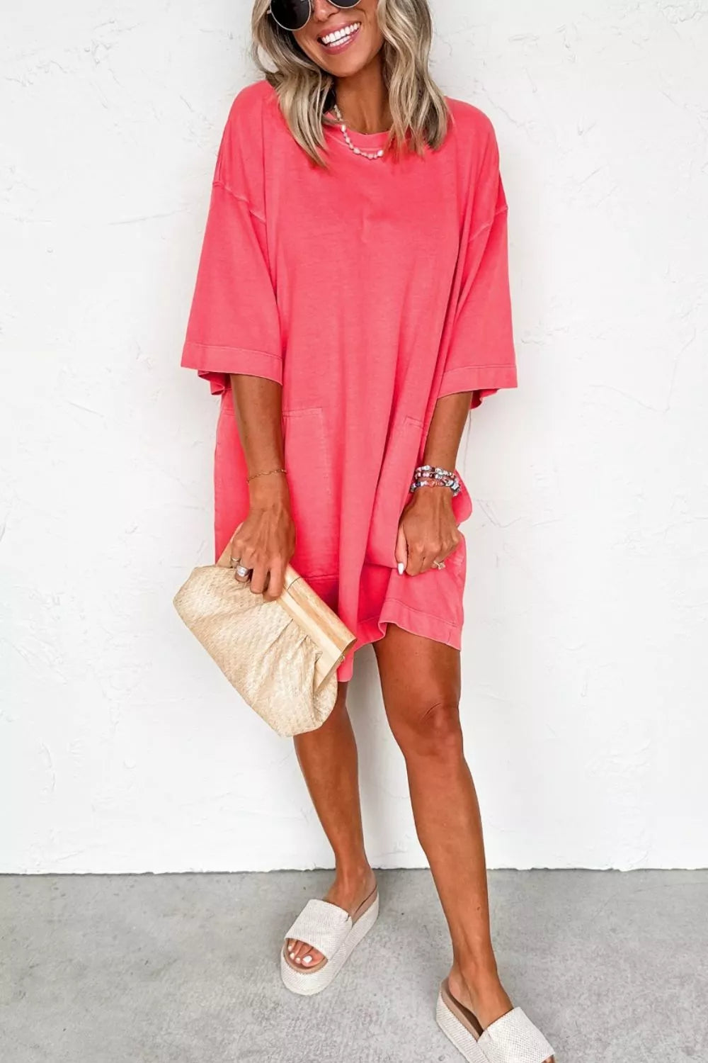 Coral Paradise Drop Shoulder Loose Casual T Shirt Mini Dress