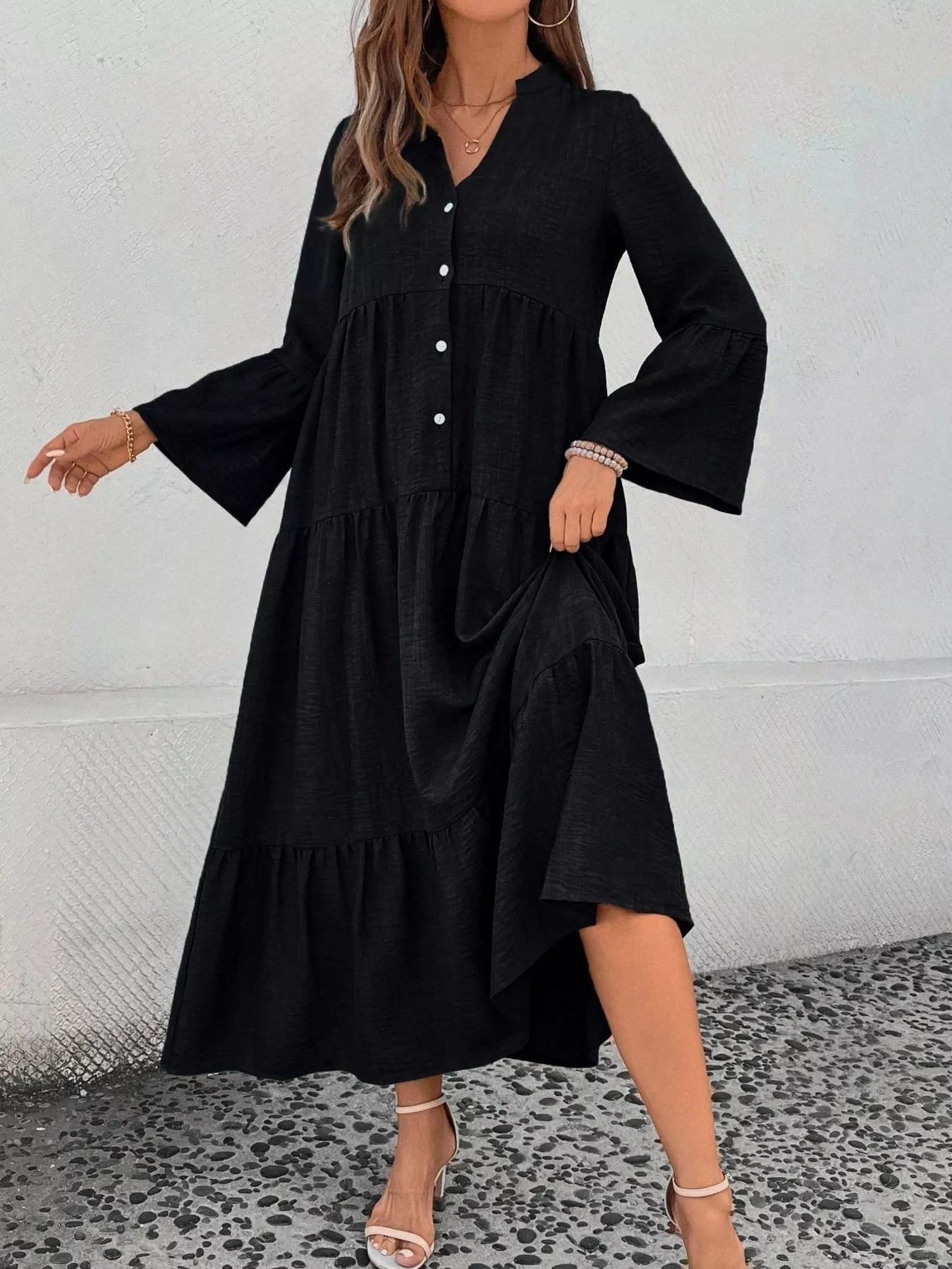 Ruffle Hem Button Front Tiered Dress