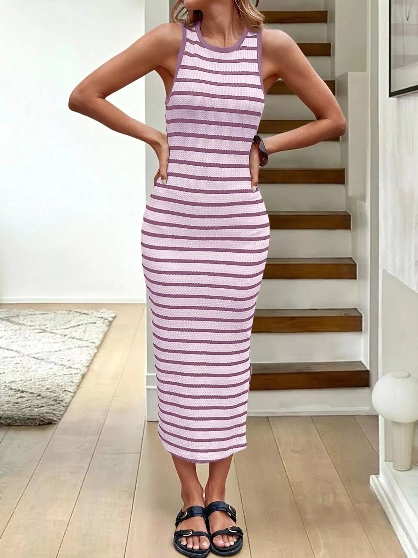 Striped Sleeveless Bodycon Midi Dress