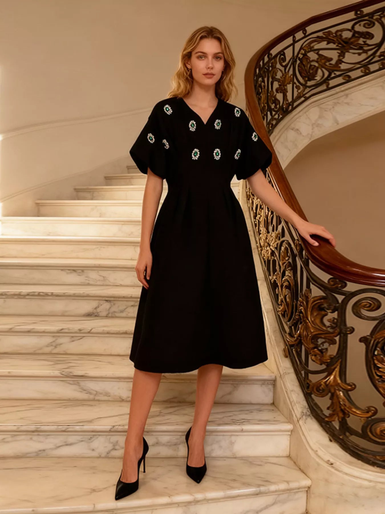 Embellished Puff Sleeve Midi Dress