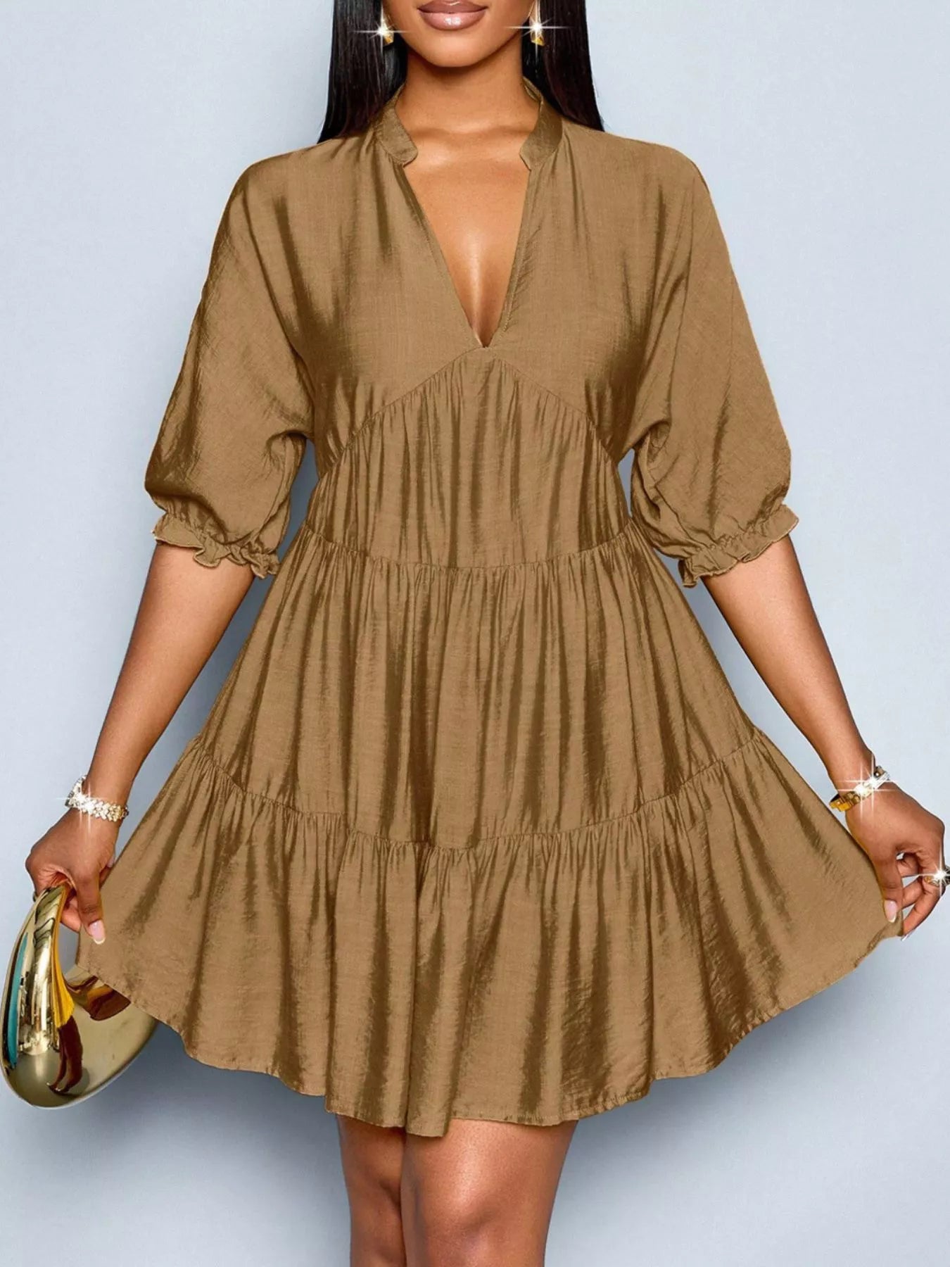 Notched Half Sleeve Tiered Dress
