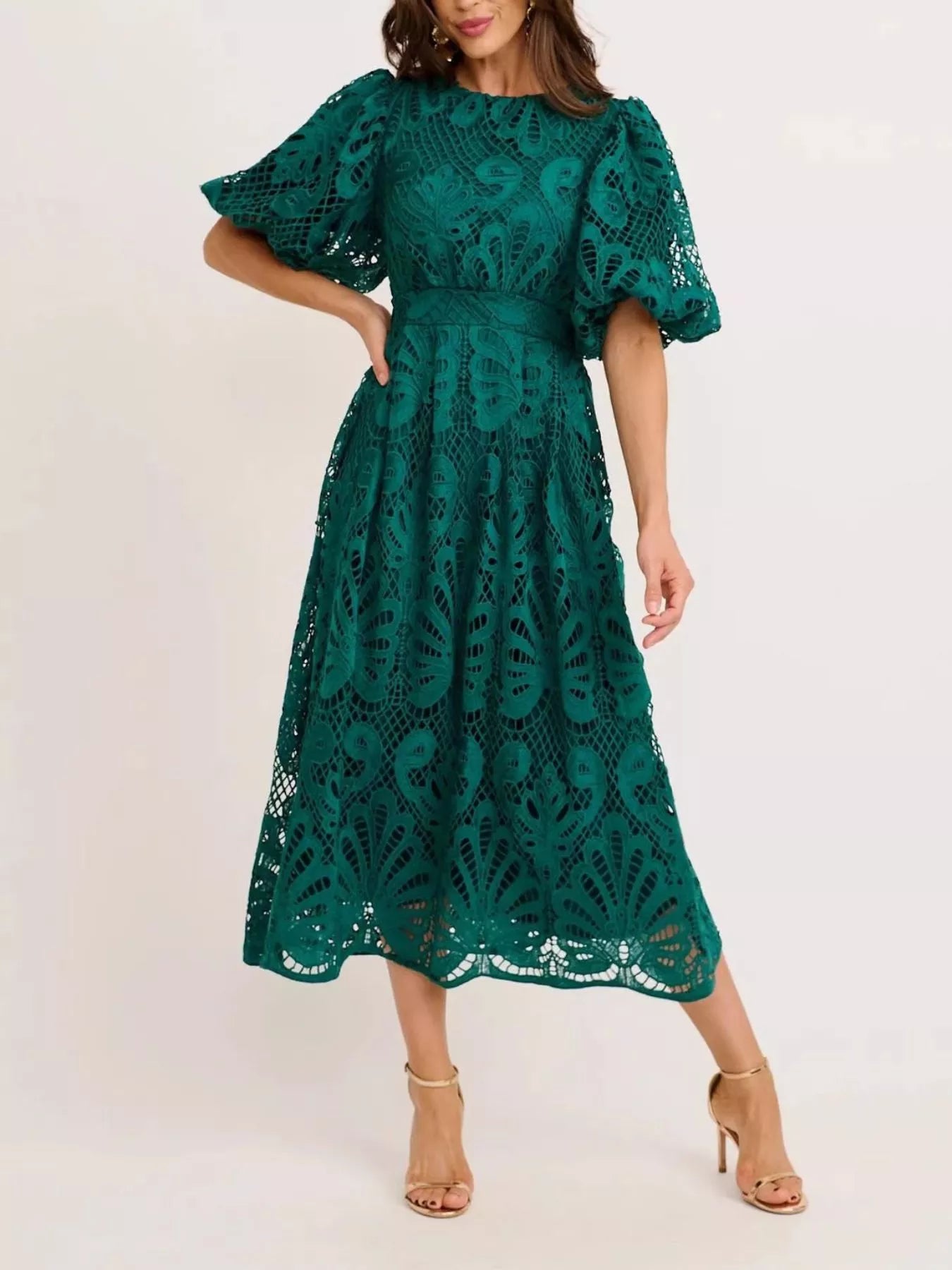 Lace Puff Sleeve Midi Dress