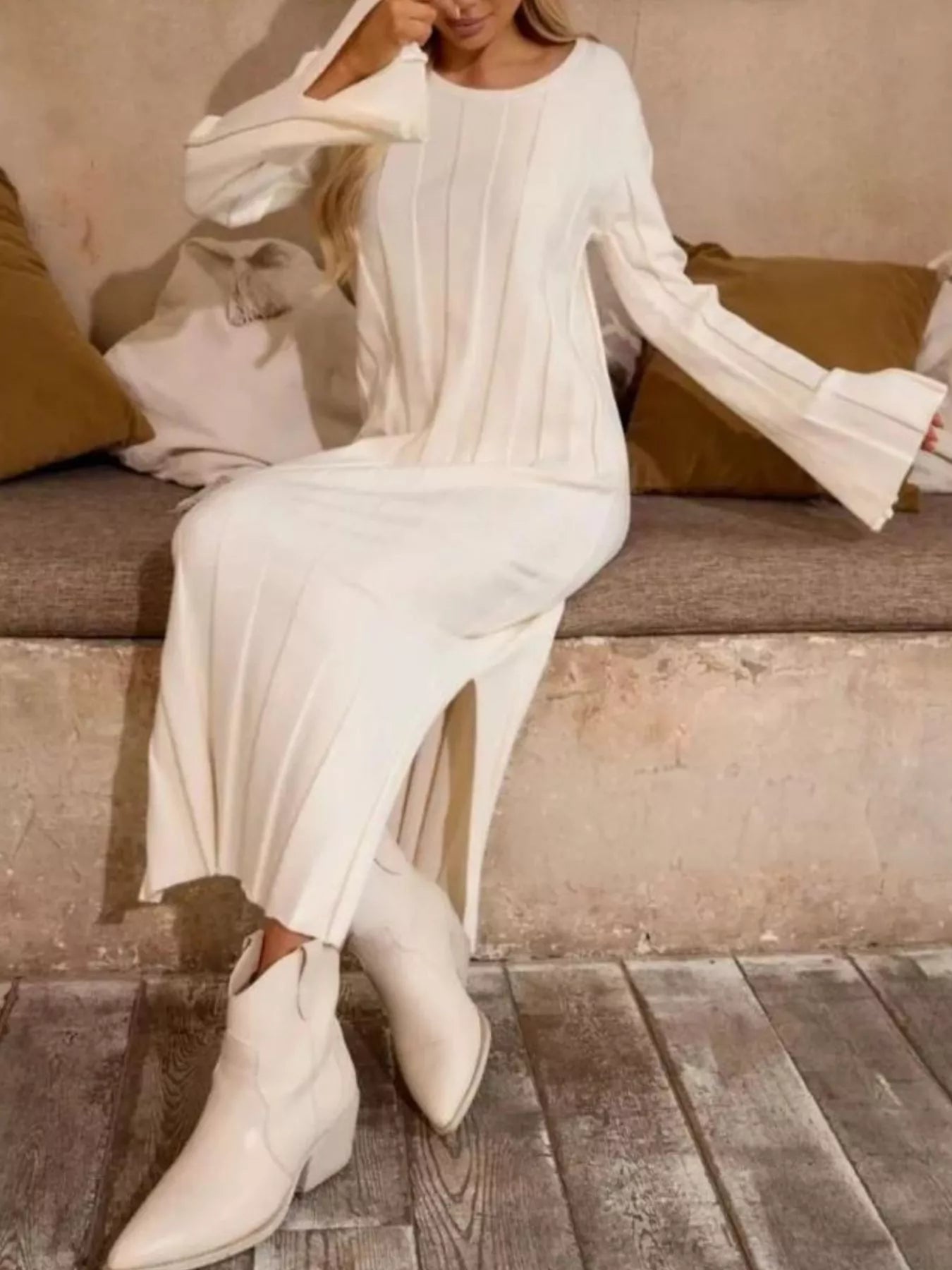 Ribbed Knit Slit Sweater Dress