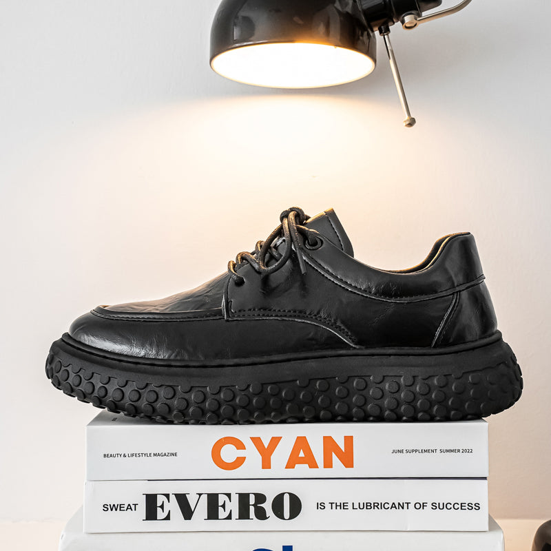 Trendy Brand Men's Leather Shoes, British Style Fashion Thick Sole Casual Footwear, Low-top Lace-up Height-increasing Breathable Black Loafers