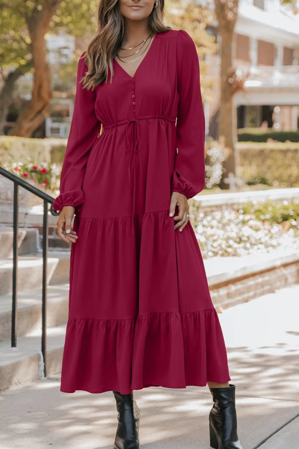 Long Sleeve Button V Neck Tiered Dress