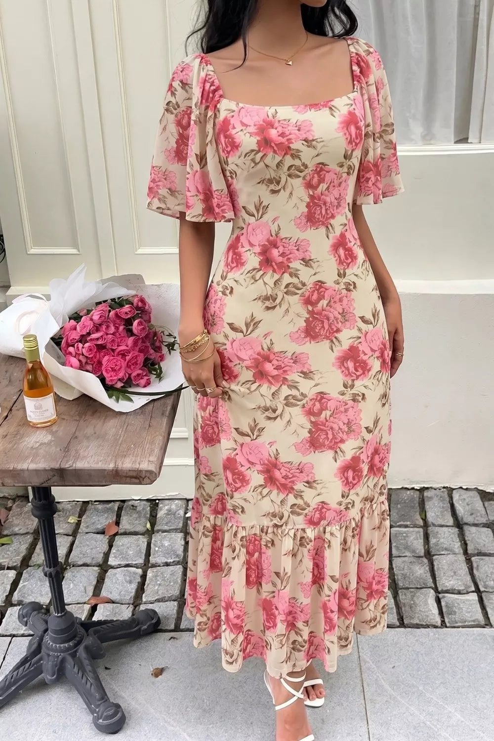 Floral Print Ruffle Hem Flutter Sleeve Dress