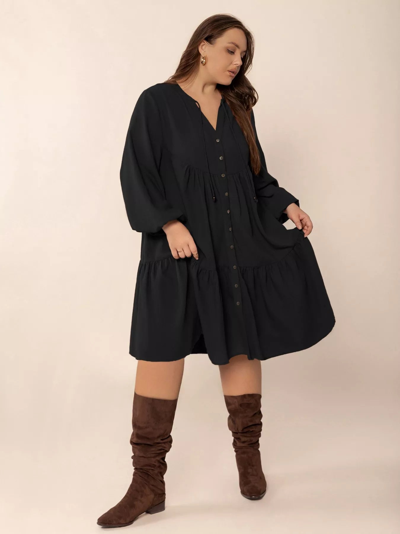Plus Size Button Front Balloon Sleeve Dress