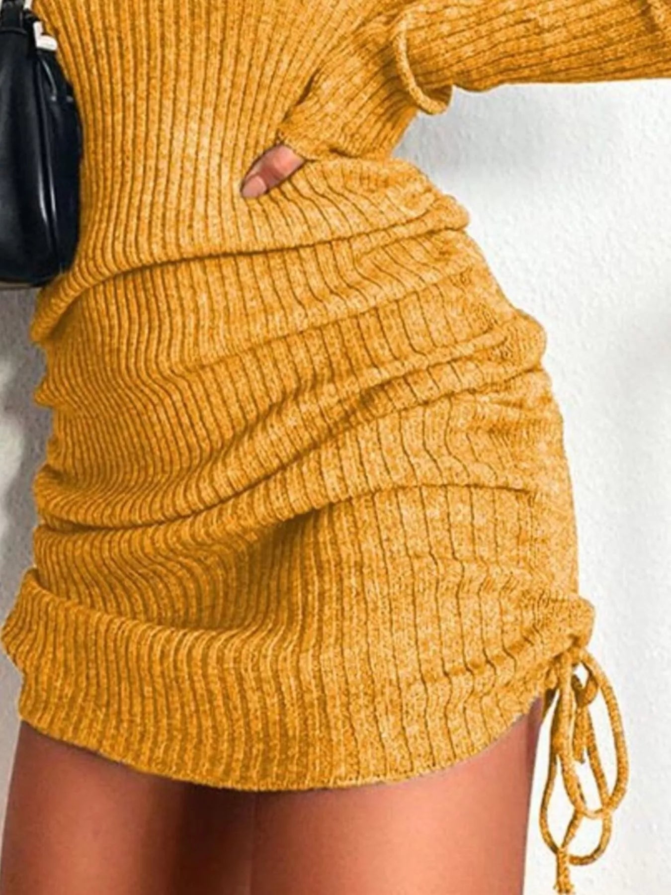 Full Size Ribbed Knit Drawstring Bodycon Sweater Dress Plus Size