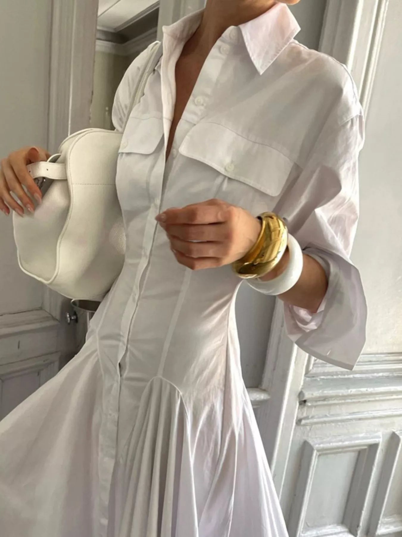 Button Front Long Sleeve Maxi Shirt Dress