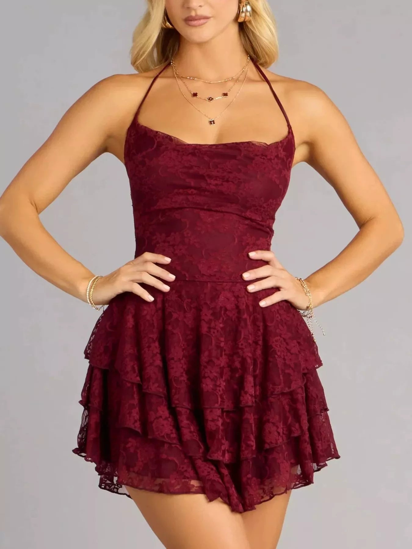 Lace Ruffle Halter Neck Mini Dress