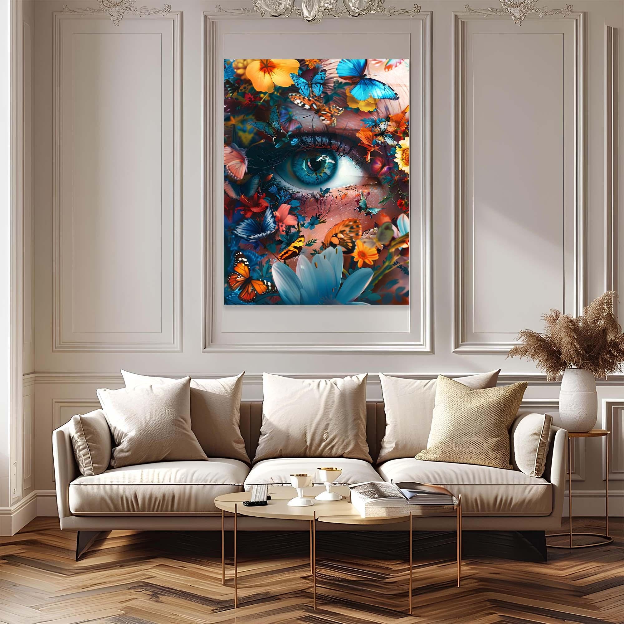 Butterfly Garden Eye Tempered Glass Wall Art | Surreal Botanical Decor