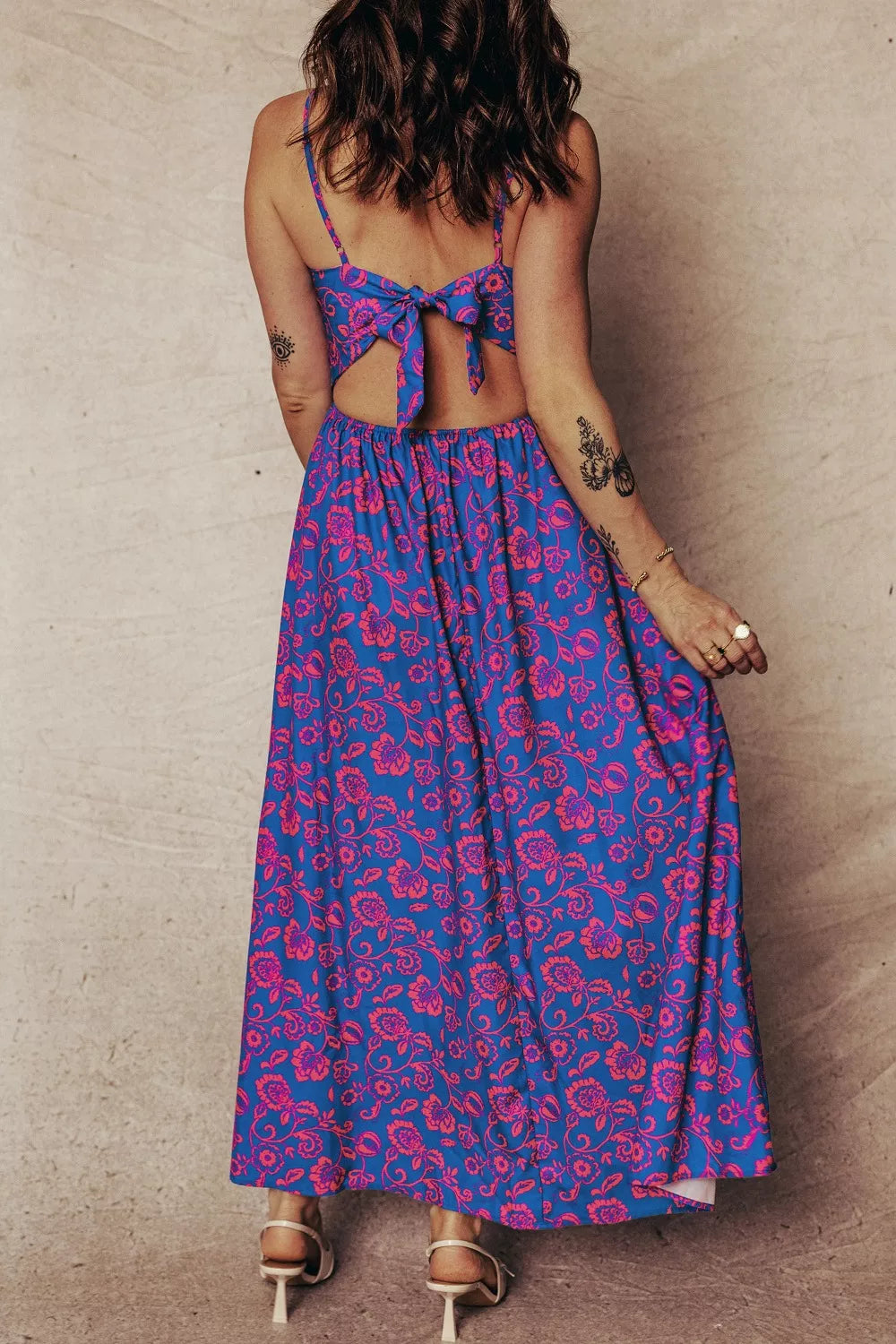 Floral Print Twisted V Neck Tied Backless Maxi Dress
