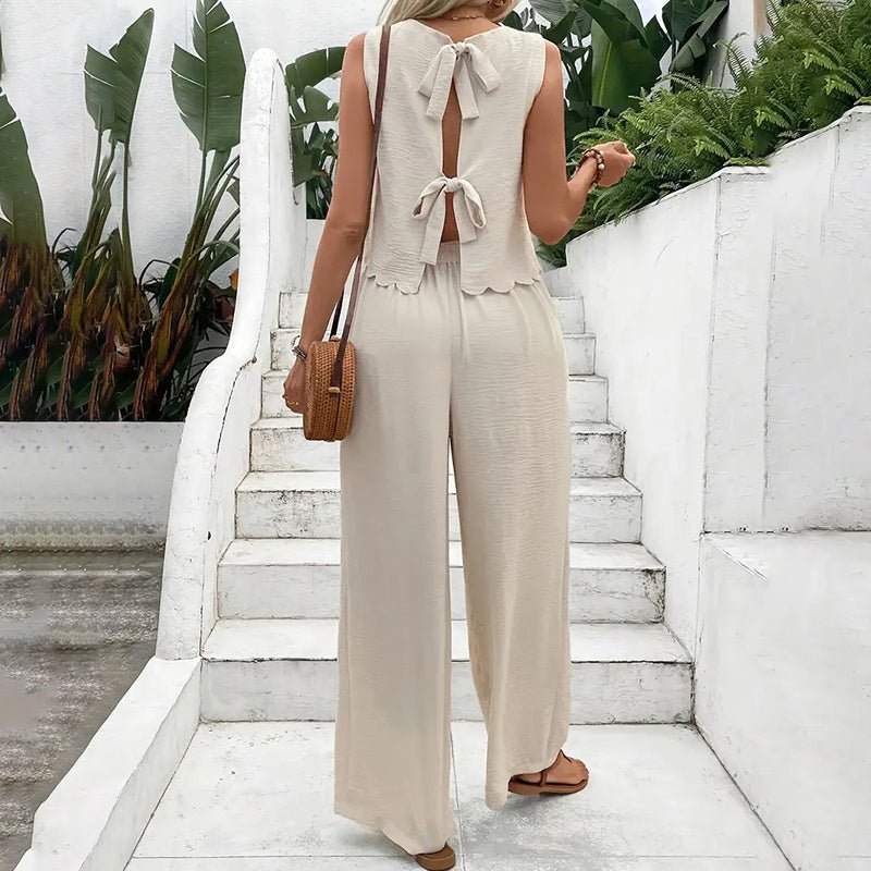 Elegant 2-Piece Matching Set, Sleeveless Crop Top And Wide Leg Pants Outfits - Overture Gifts