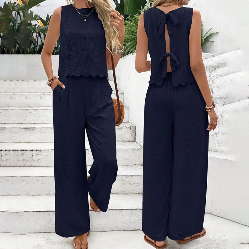 Elegant 2-Piece Matching Set, Sleeveless Crop Top And Wide Leg Pants Outfits - Overture Gifts