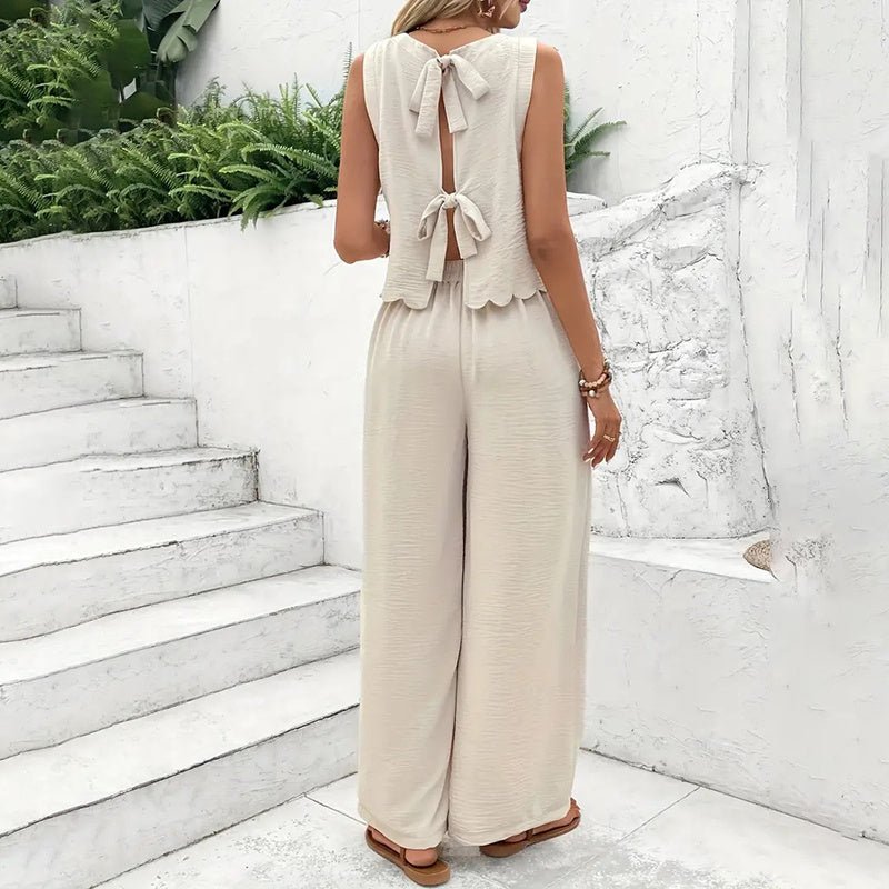 Elegant 2-Piece Matching Set, Sleeveless Crop Top And Wide Leg Pants Outfits - Overture Gifts