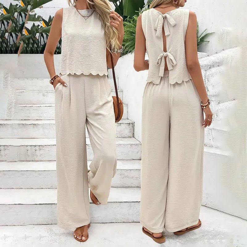 Elegant 2-Piece Matching Set, Sleeveless Crop Top And Wide Leg Pants Outfits - Overture Gifts