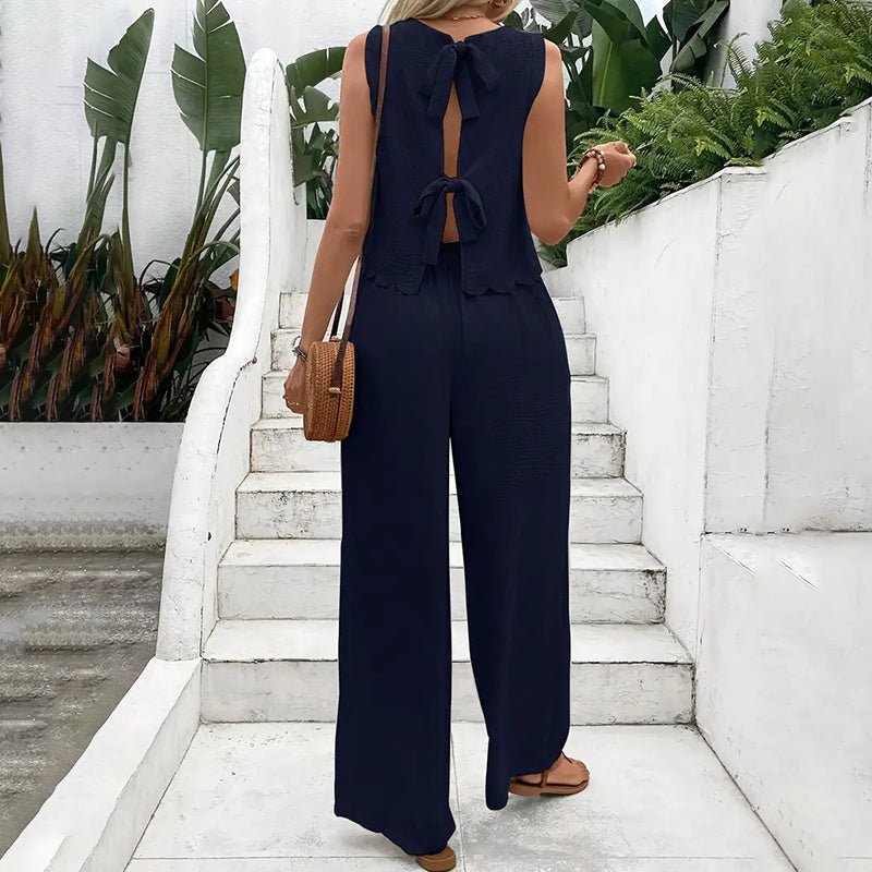 Elegant 2-Piece Matching Set, Sleeveless Crop Top And Wide Leg Pants Outfits - Overture Gifts