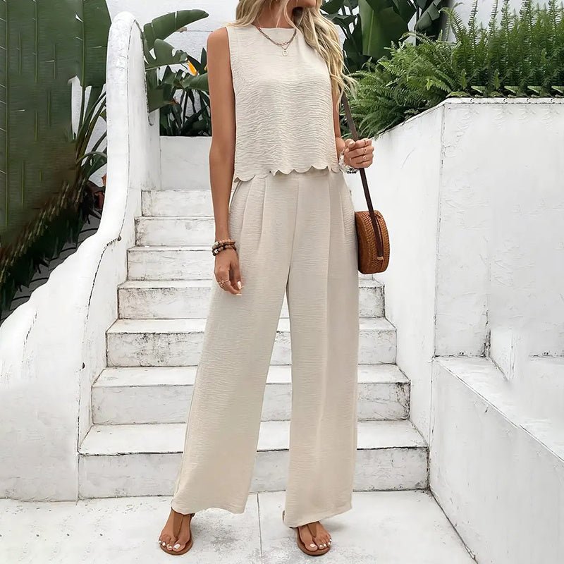 Elegant 2-Piece Matching Set, Sleeveless Crop Top And Wide Leg Pants Outfits - Overture Gifts