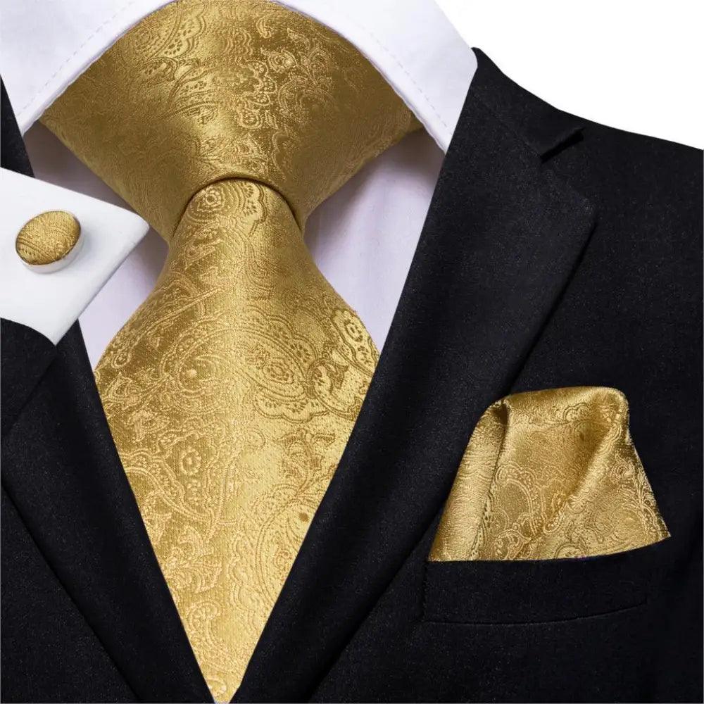 STEVVEX Silk Tie Set with Pocket Square & Cufflinks - Gold