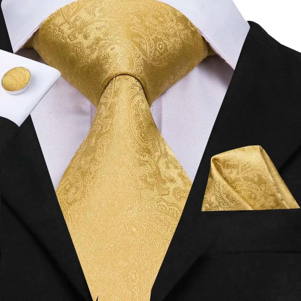 STEVVEX Silk Tie Set with Pocket Square & Cufflinks - Gold