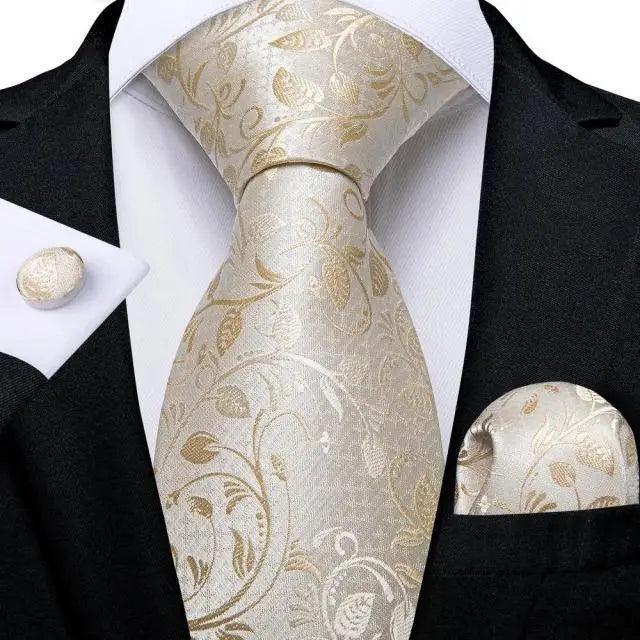 STEVVEX Silk Tie Set with Pocket Square & Cufflinks - Gold