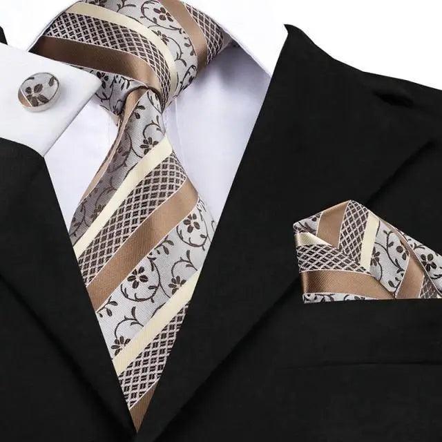 STEVVEX Silk Tie Set with Pocket Square & Cufflinks - Gold