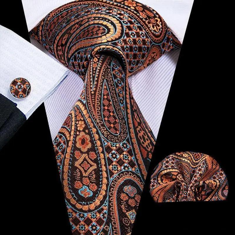 STEVVEX Silk Tie Set with Pocket Square & Cufflinks - Gold