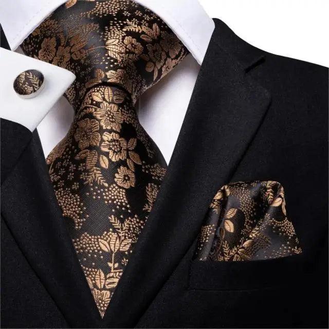 STEVVEX Silk Tie Set with Pocket Square & Cufflinks - Gold