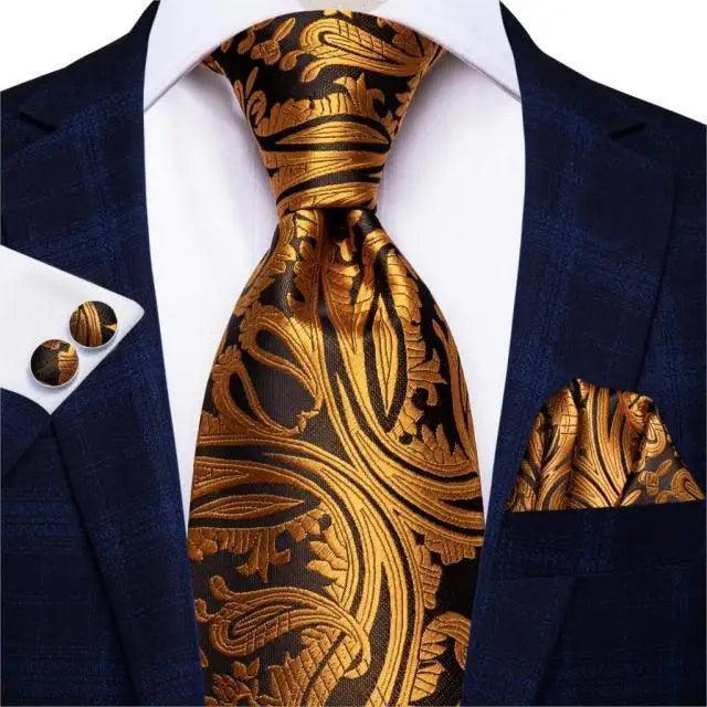 STEVVEX Silk Tie Set with Pocket Square & Cufflinks - Gold