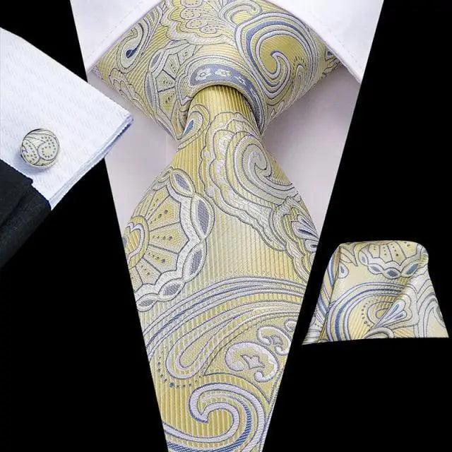 STEVVEX Silk Tie Set with Pocket Square & Cufflinks - Gold