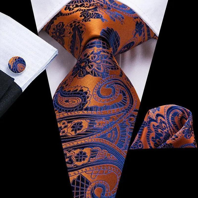 STEVVEX Silk Tie Set with Pocket Square & Cufflinks - Gold