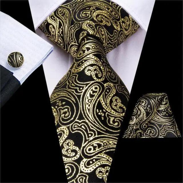 STEVVEX Silk Tie Set with Pocket Square & Cufflinks - Gold