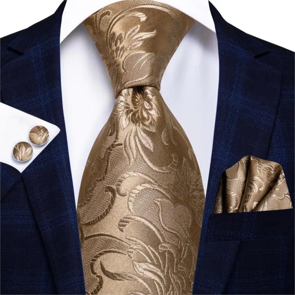 STEVVEX Silk Tie Set with Pocket Square & Cufflinks - Gold