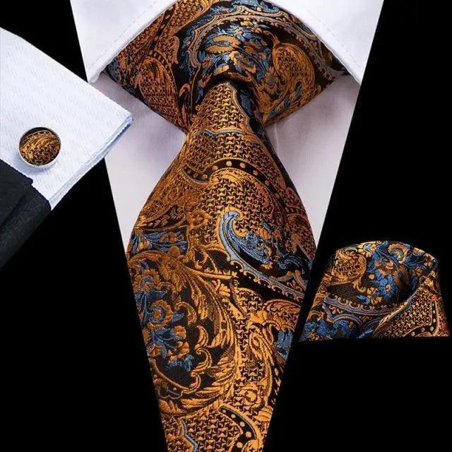 STEVVEX Silk Tie Set with Pocket Square & Cufflinks - Gold