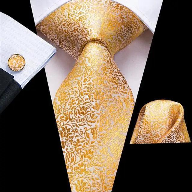 STEVVEX Silk Tie Set with Pocket Square & Cufflinks - Gold