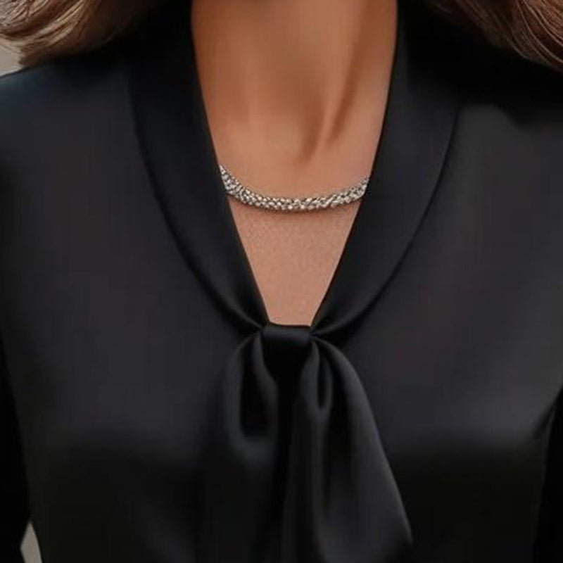 Elegant Satin Ribbon Blouse — Long Sleeve Button-Down Work Shirt - Overture Gifts