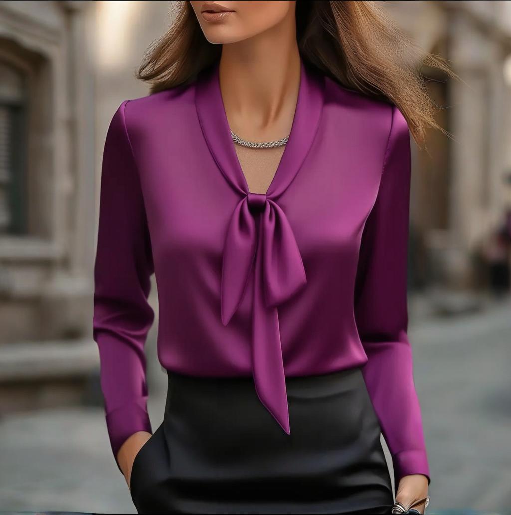 Elegant Satin Ribbon Blouse — Long Sleeve Button-Down Work Shirt - Overture Gifts