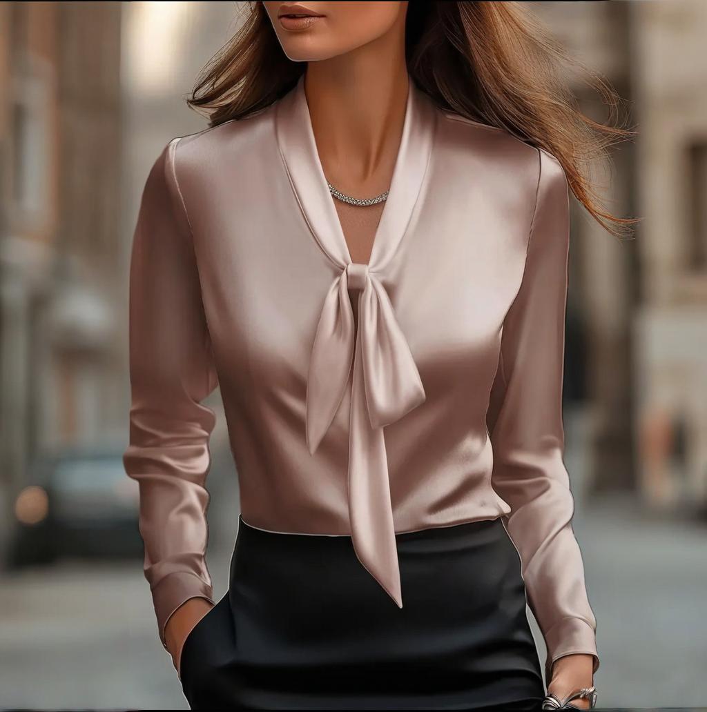 Elegant Satin Ribbon Blouse — Long Sleeve Button-Down Work Shirt - Overture Gifts