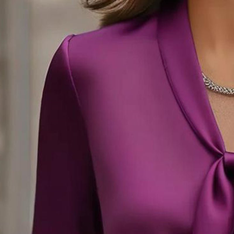 Elegant Satin Ribbon Blouse — Long Sleeve Button-Down Work Shirt - Overture Gifts