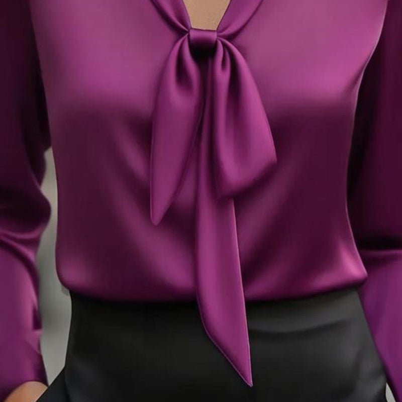Elegant Satin Ribbon Blouse — Long Sleeve Button-Down Work Shirt - Overture Gifts