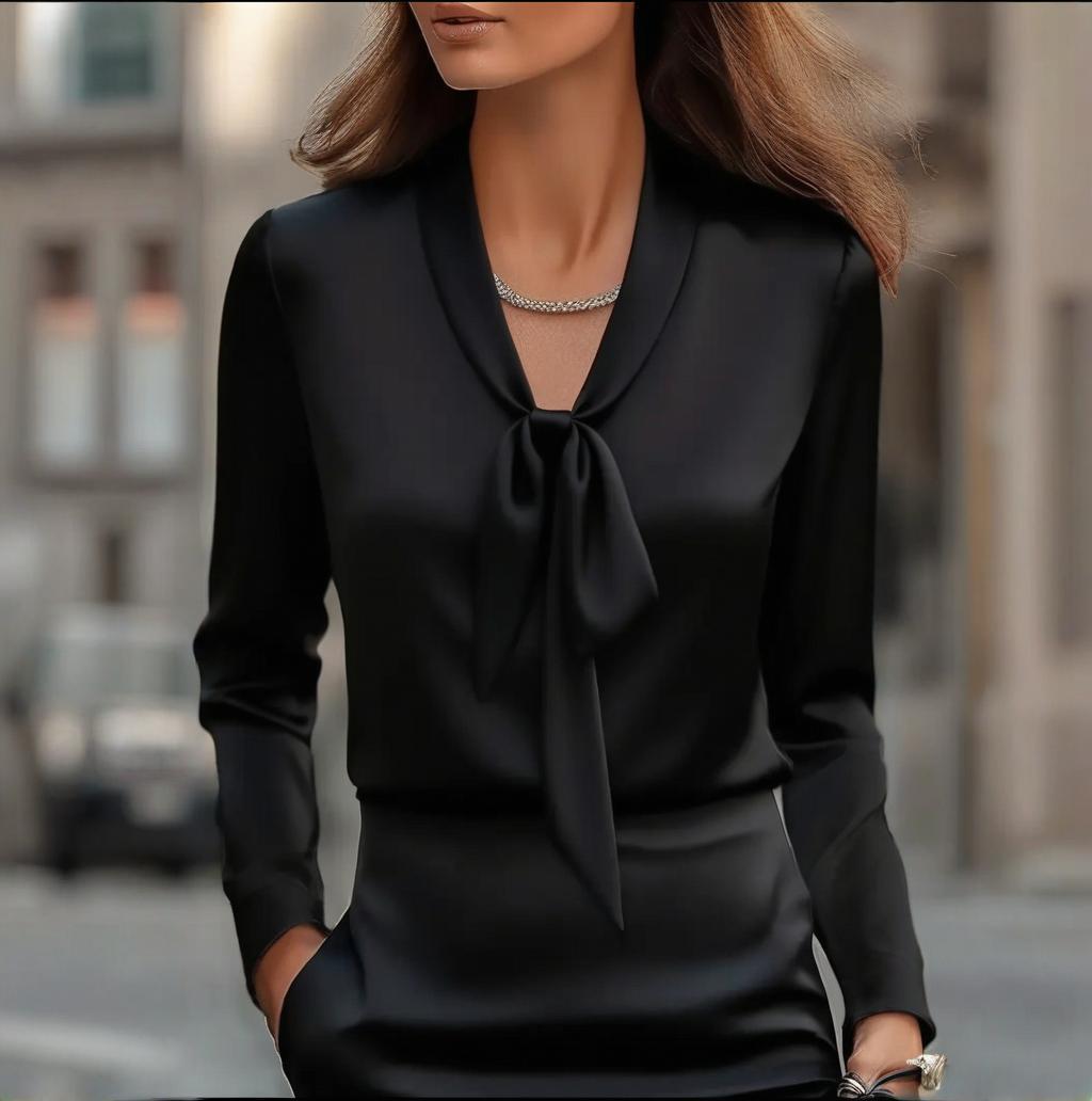 Elegant Satin Ribbon Blouse — Long Sleeve Button-Down Work Shirt - Overture Gifts