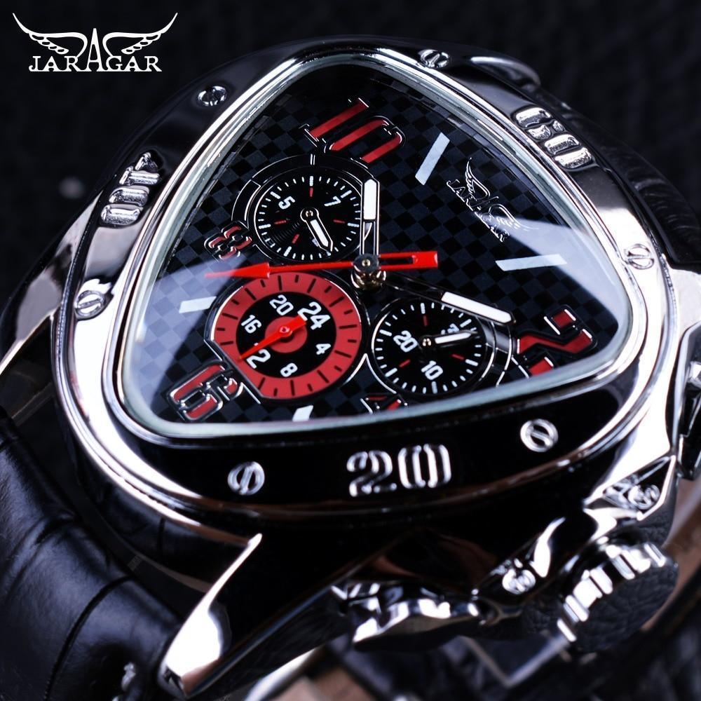 Elegant Sport Triangle Mens Watch Luxury Racing Modern Design Black Classic Leather Strap Wrist Watch For Men - Overture Gifts