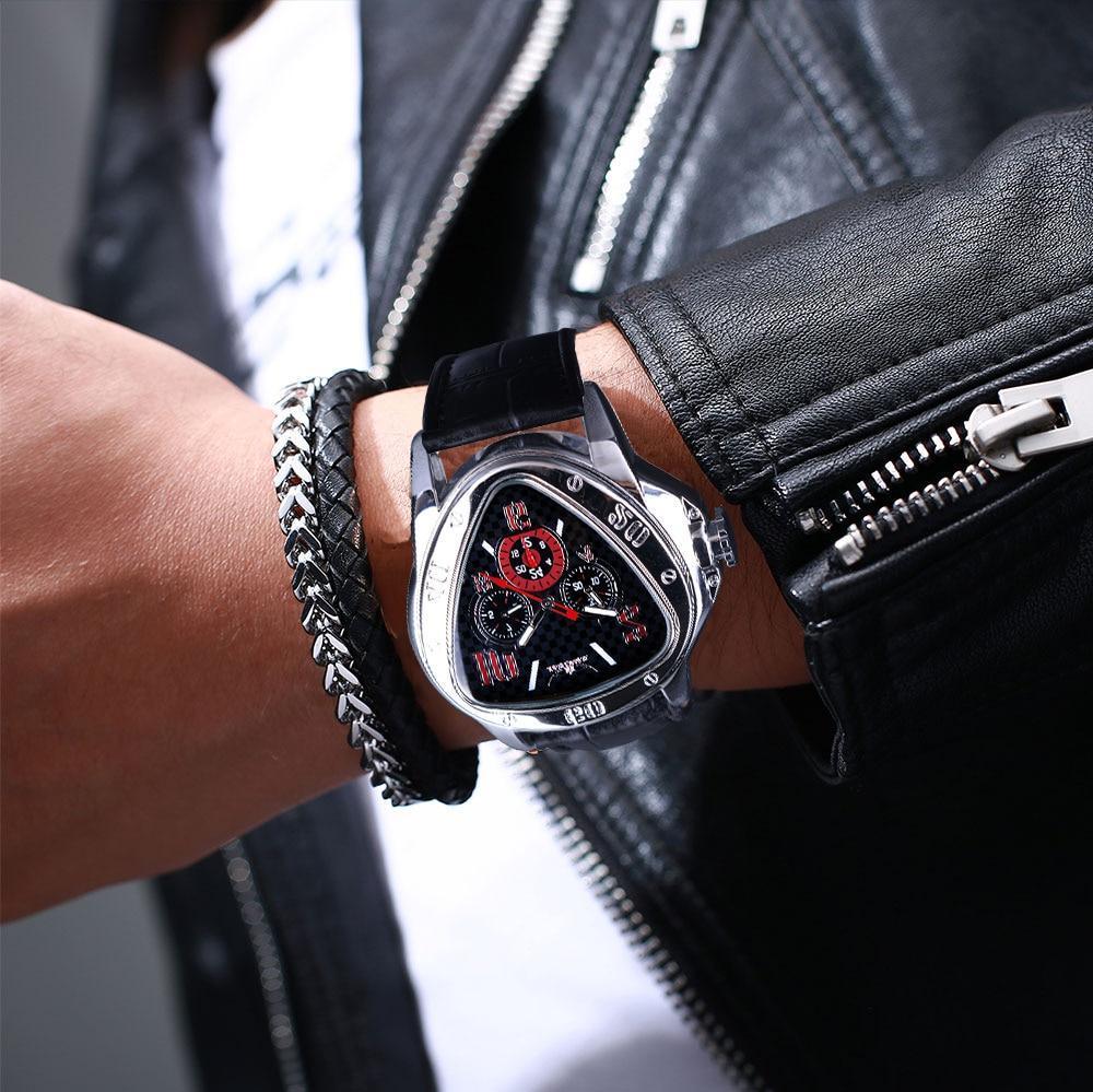 Elegant Sport Triangle Mens Watch Luxury Racing Modern Design Black Classic Leather Strap Wrist Watch For Men - Overture Gifts