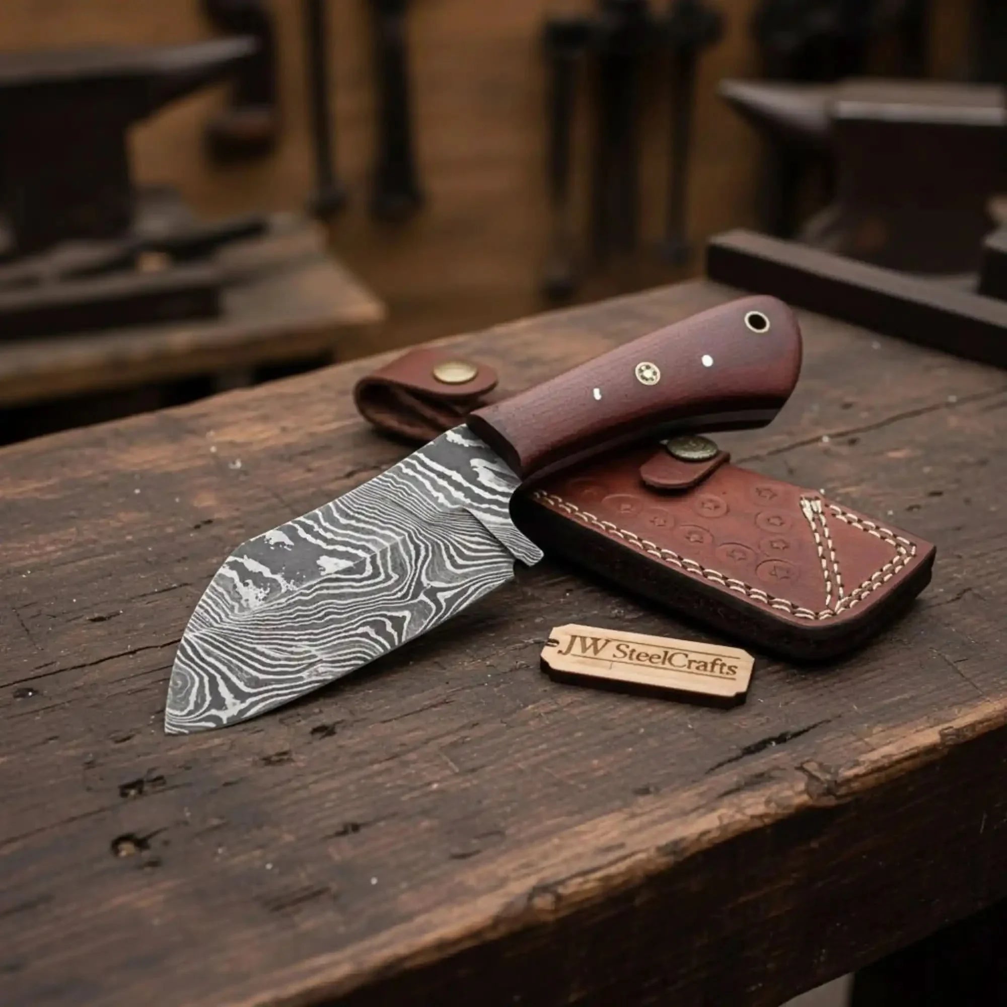 7-Inch Forged Damascus Skinner Knife Red Micarta Handle, Full Tang & Leather Sheath | JW Steel Crafts