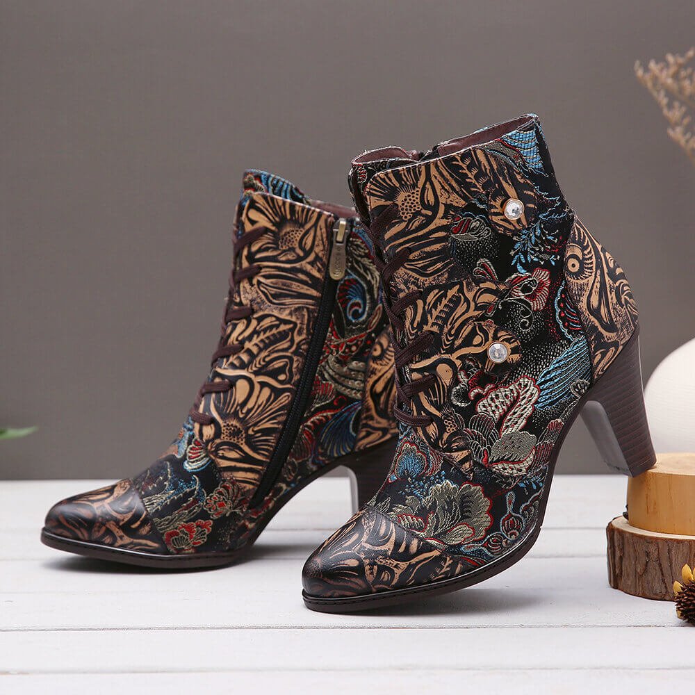 Embroidery Floral Handmade Genuine Leather Boots - Overture Gifts