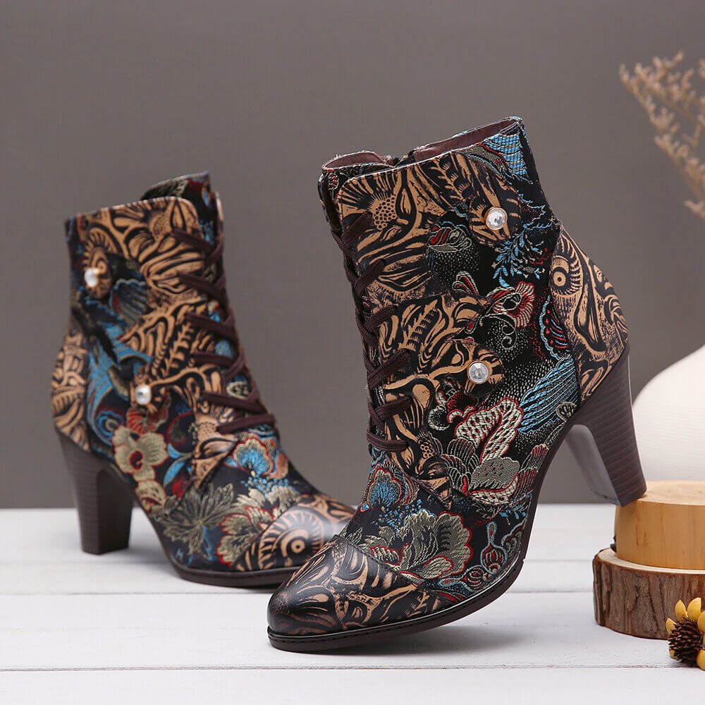 Embroidery Floral Handmade Genuine Leather Boots - Overture Gifts
