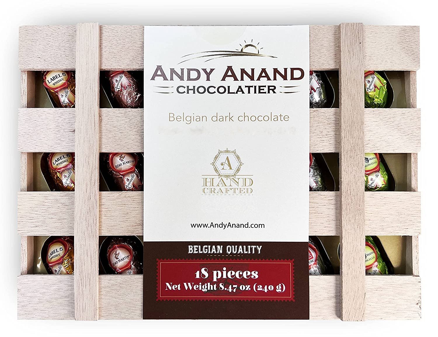 Andy Anand European Vegan Dark Chocolate Cocktail Bottles, 18 pc – Non-Alcoholic, Wooden Gift Box, 60% Cacao, Birthday & Holiday Gift