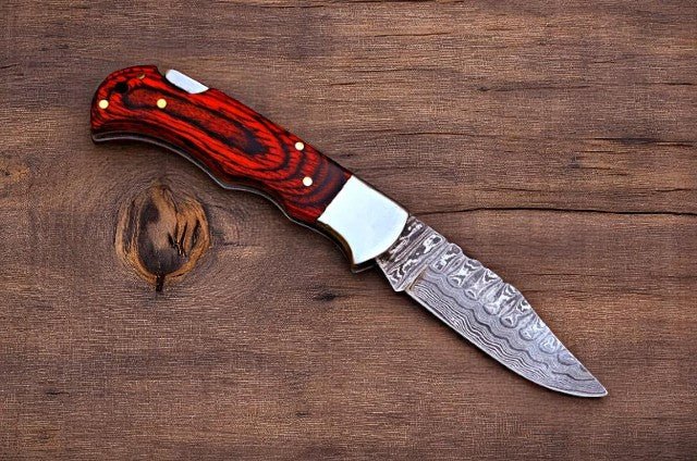 Exotic Wood Damascus Pocket Knife with Back Lock - Overture Gifts