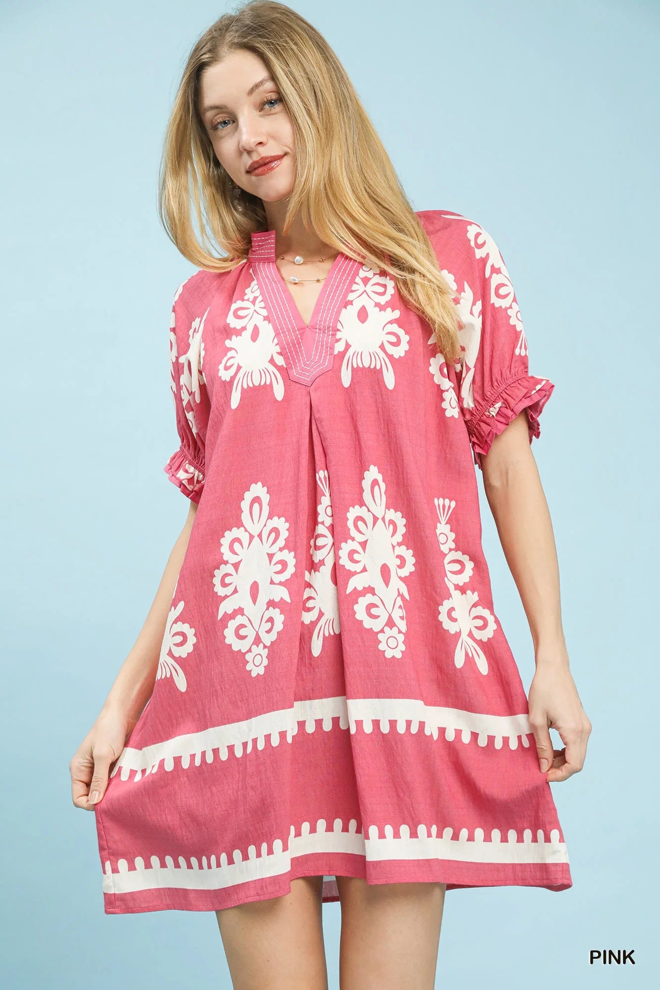 Umgee Two Tone Border Print Mini Dress