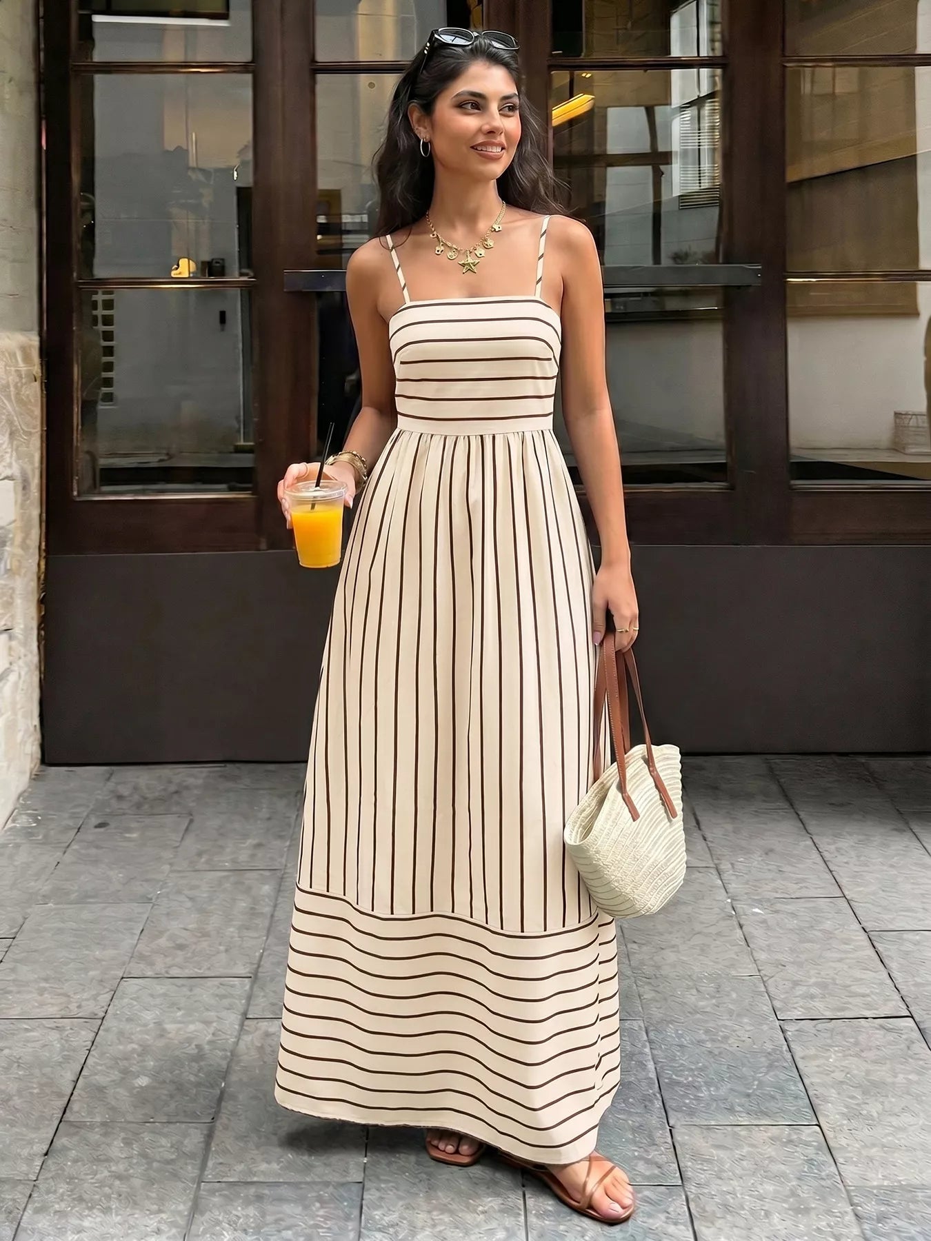 Striped Print Spaghetti Strap Maxi Dress